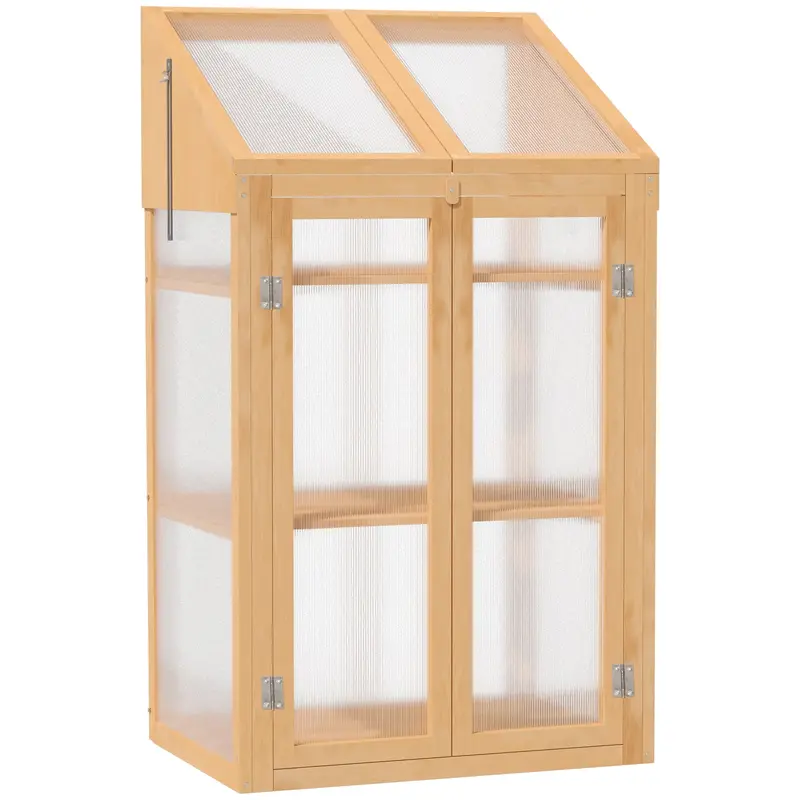 Wooden Cold Frame Greenhouse With Polycarbonate Panels, Ventilating Top, And Dual Access Doors 1