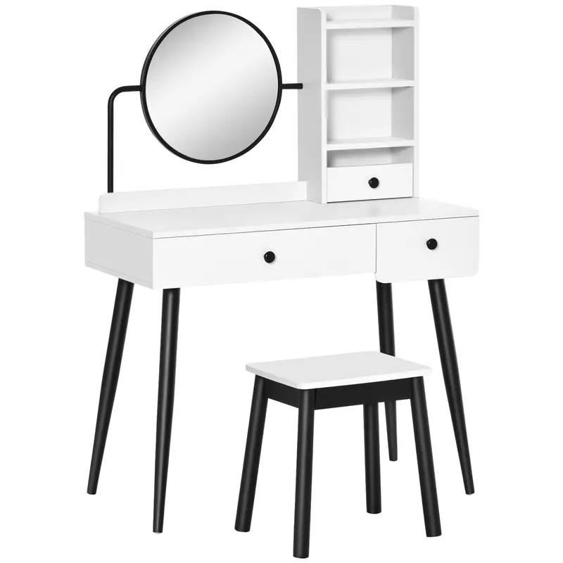Wooden Dressing Table Set With Mirror And Matching Upholstered Stool 1