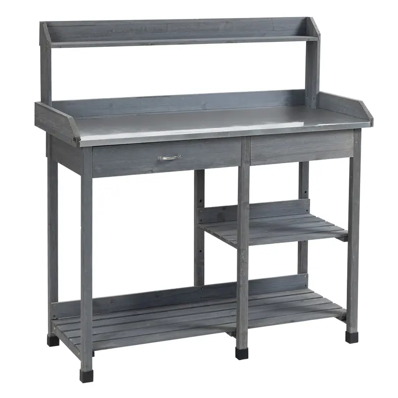 Wooden Garden Potting Table – Heavy-Duty Workstation With Metal Top And Tool Hooks 1