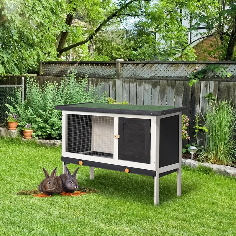 Wooden Rabbit Hutch With Asphalt Roof – Small Animal Habitat With Dropping Tray 1
