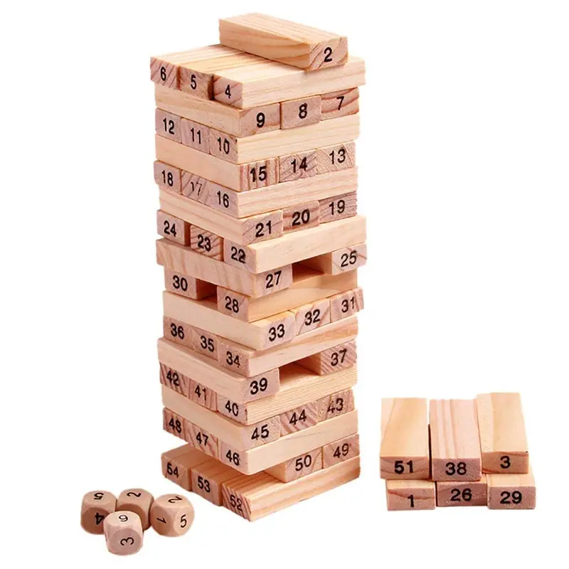 Wooden Tumbling Tower Game – 54-Piece Zenga-Style Building Block Set For Family Fun 1