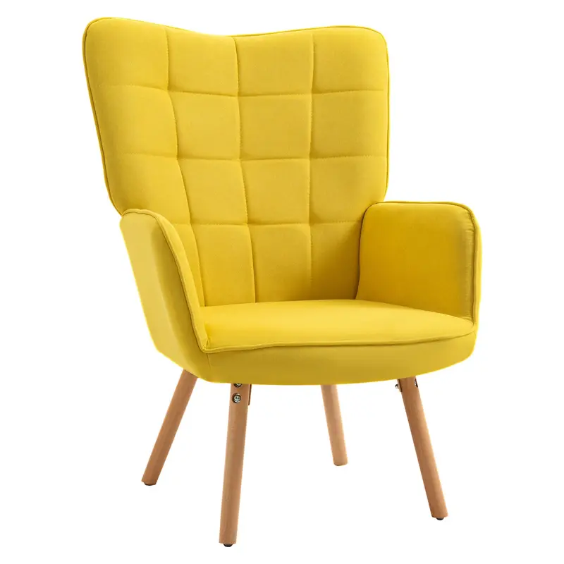 Yellow Velvet Tufted Wingback Club Chair With Solid Wood Legs 1