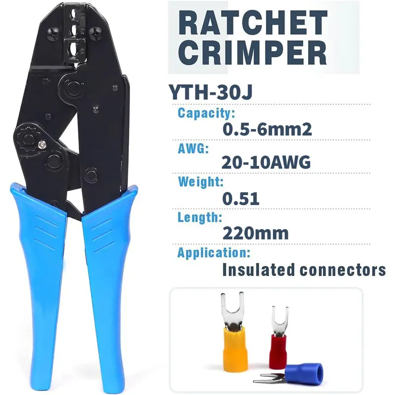Yth Yth-30J Ratcheting Insulated Wire Crimper – Supports 20–10 Awg (0.5–6 Mm²) Terminals 1